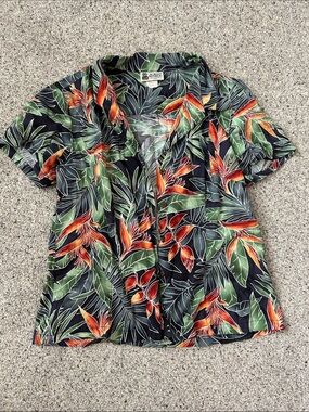 Tropical Floral Button-Down Shirt - Black/Green/Orange